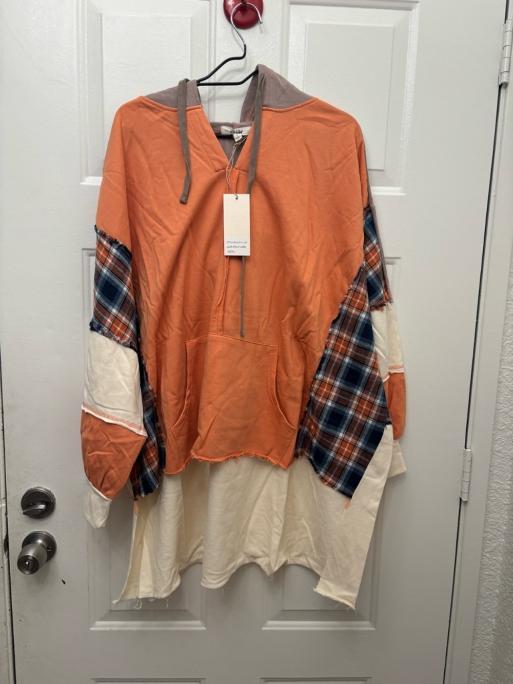 NWT Blue Velvet Boho Patchwork V-Neck Sweater Hoodie - Orange Plaid